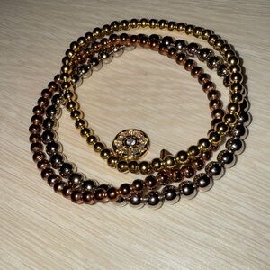 Gold, Silver, and Brown Beaded Bracelet Set
